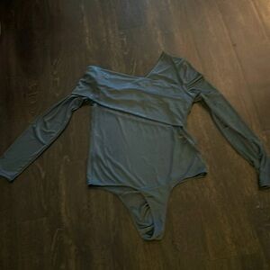 BCBG bodysuit in grey shimmer .. can be worn off shoulder or full collar